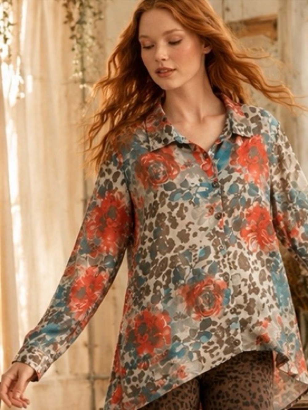Multiples Floral Leopard Print Tunic Blouse | Boho Cottagecore | Hi Low Top | XL